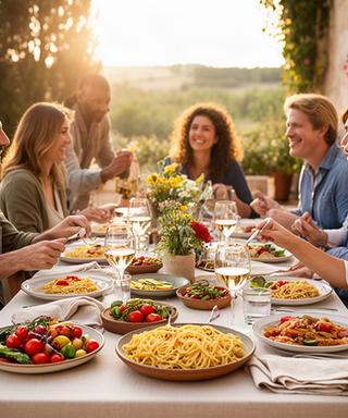 Festa privata con tavola italiana apparecchiata e ospiti riuniti all