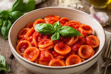Orecchiette fresche al pomodoro e basilico servite in un piatto di ceramica pugliese