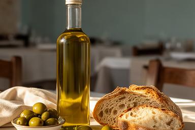 Bottiglia di olio extravergine pugliese accanto a pane e olive sul tavolo