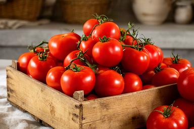 Pomodori rossi freschi raccolti in una cassetta di legno nella cucina del ristorante