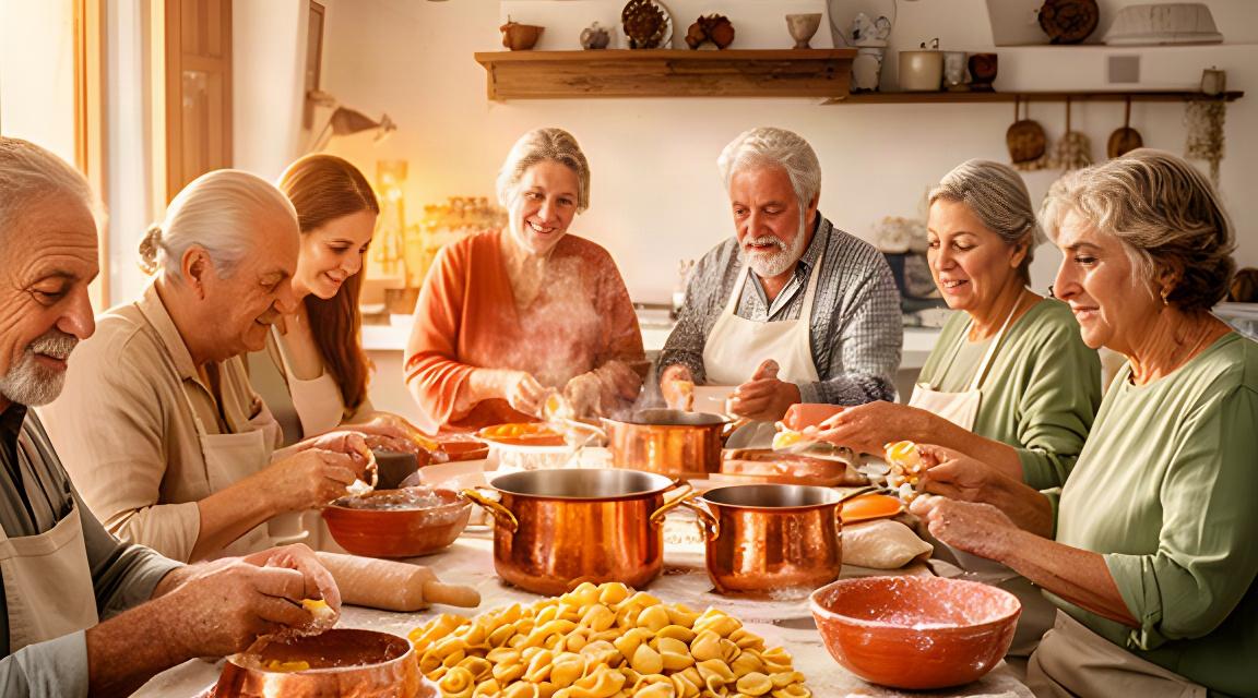 Famiglia riunita intorno a un tavolo in una cucina pugliese, con pasta fresca e pentole di rame