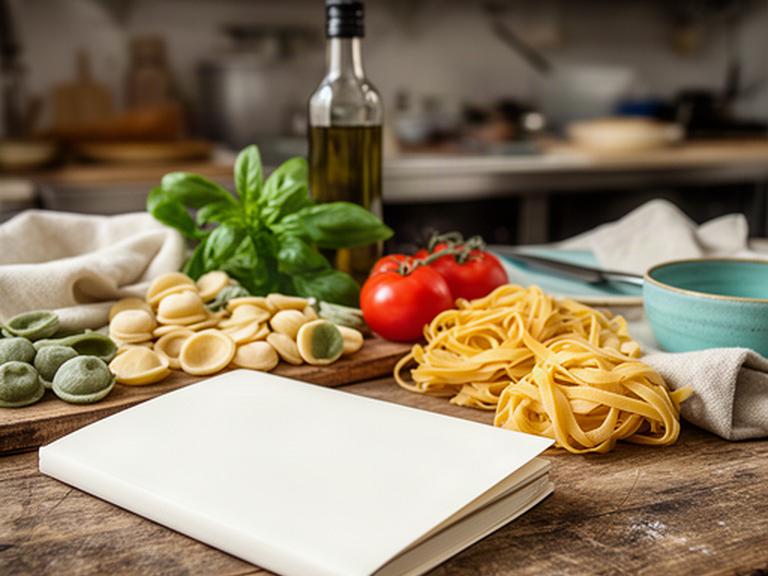 Dettaglio di un quaderno accanto a ingredienti pugliesi nella cucina del ristorante