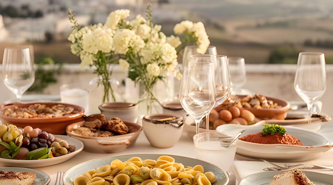 Tavola apparecchiata per un ricevimento pugliese con piatti di pasta fresca e fiori chiari