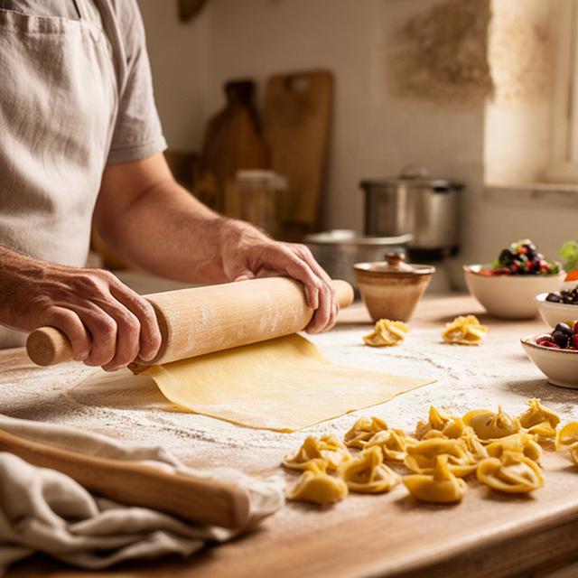 Mani che preparano pasta fresca su un piano di lavoro in una cucina italiana di Locorotondo
